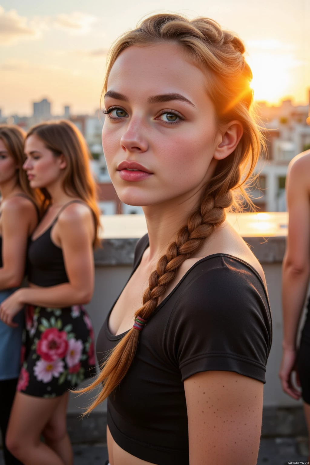 A young woman with a braided hairstyle stands on a rooftop at sunset.