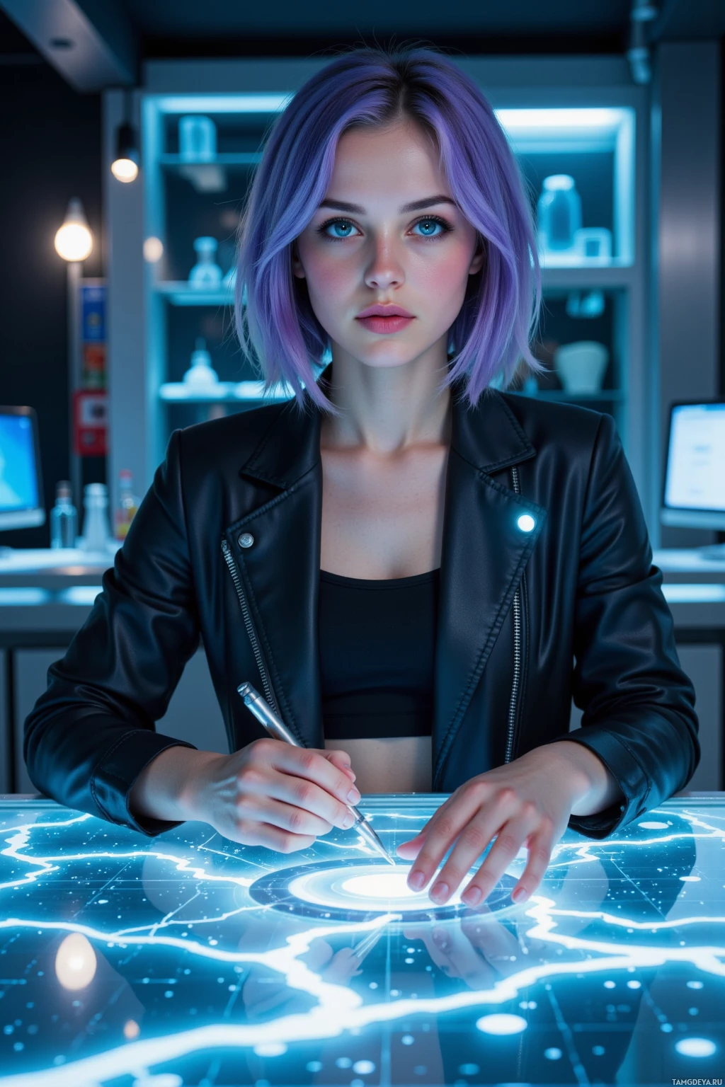 A person in a black leather jacket works on a glowing, futuristic interface with a stylus.