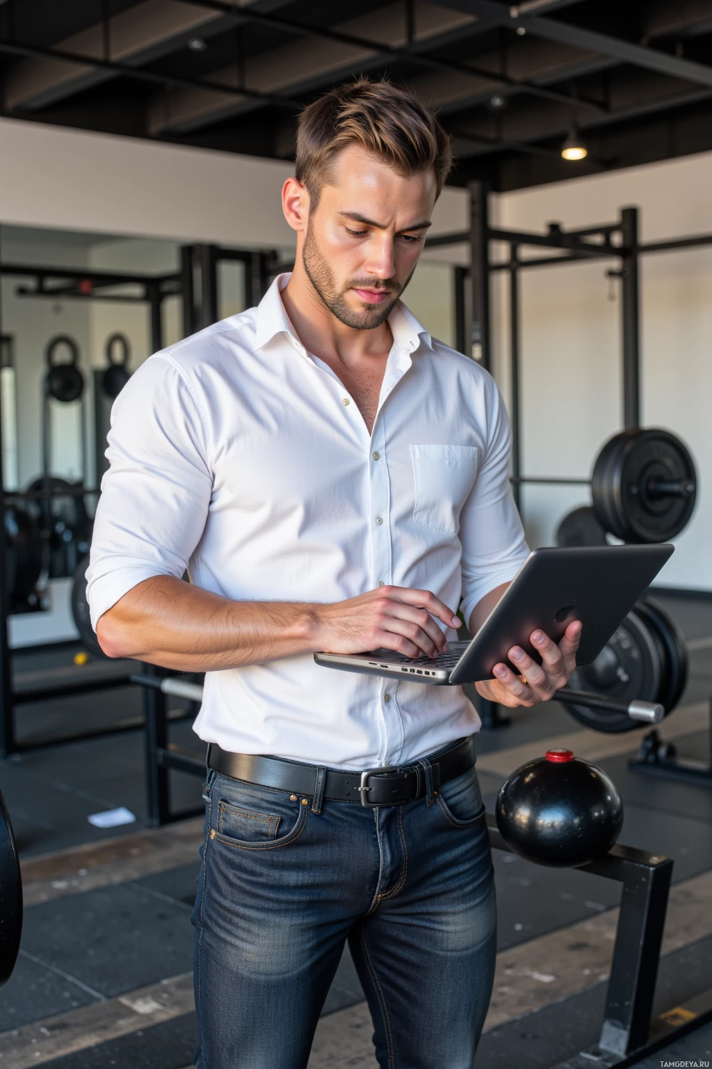 A man in a white shirt and jeans uses a laptop in a gym setting.