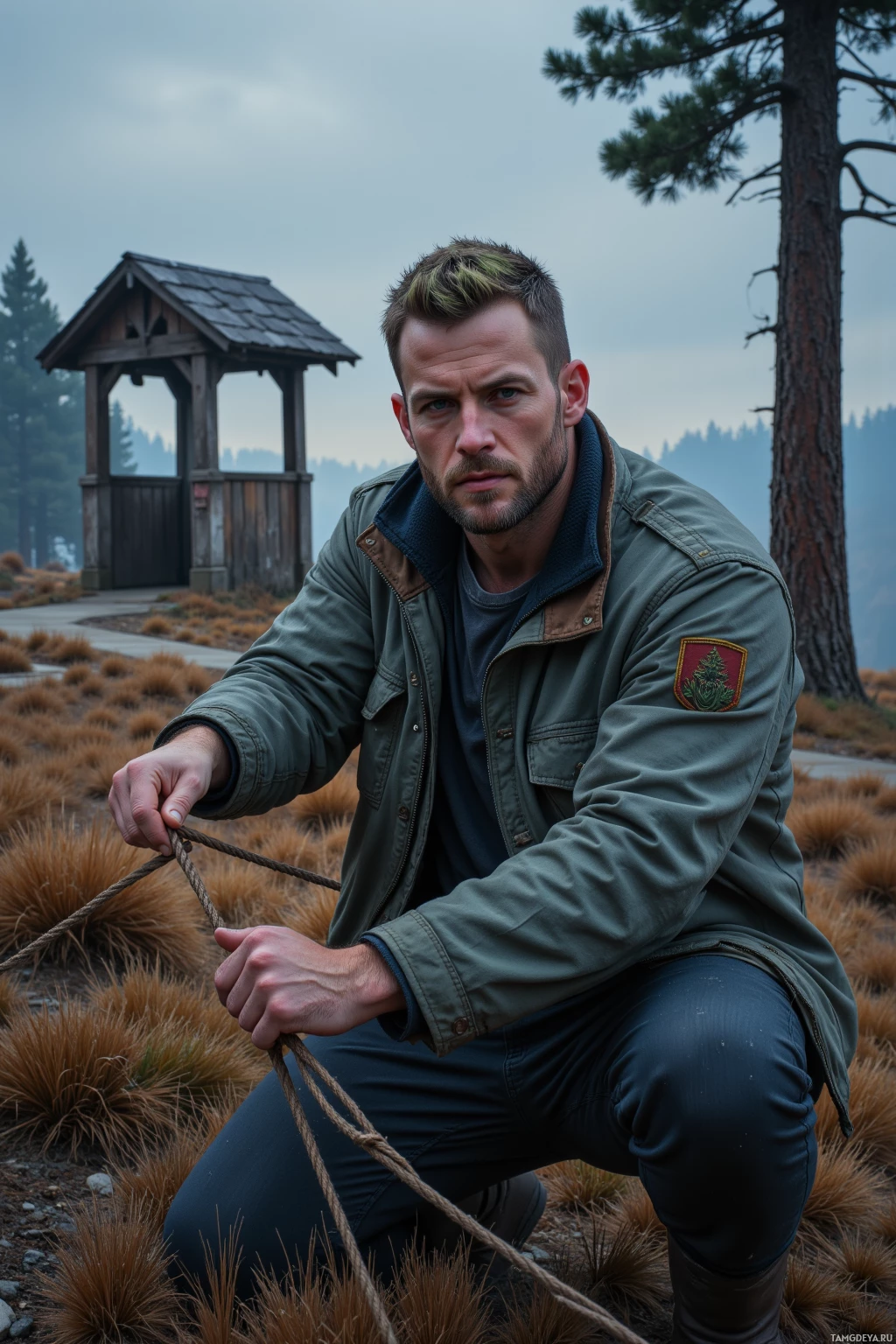 A man in an olive green jacket kneels outdoors holding a rope, with a wooden structure and trees in the background.