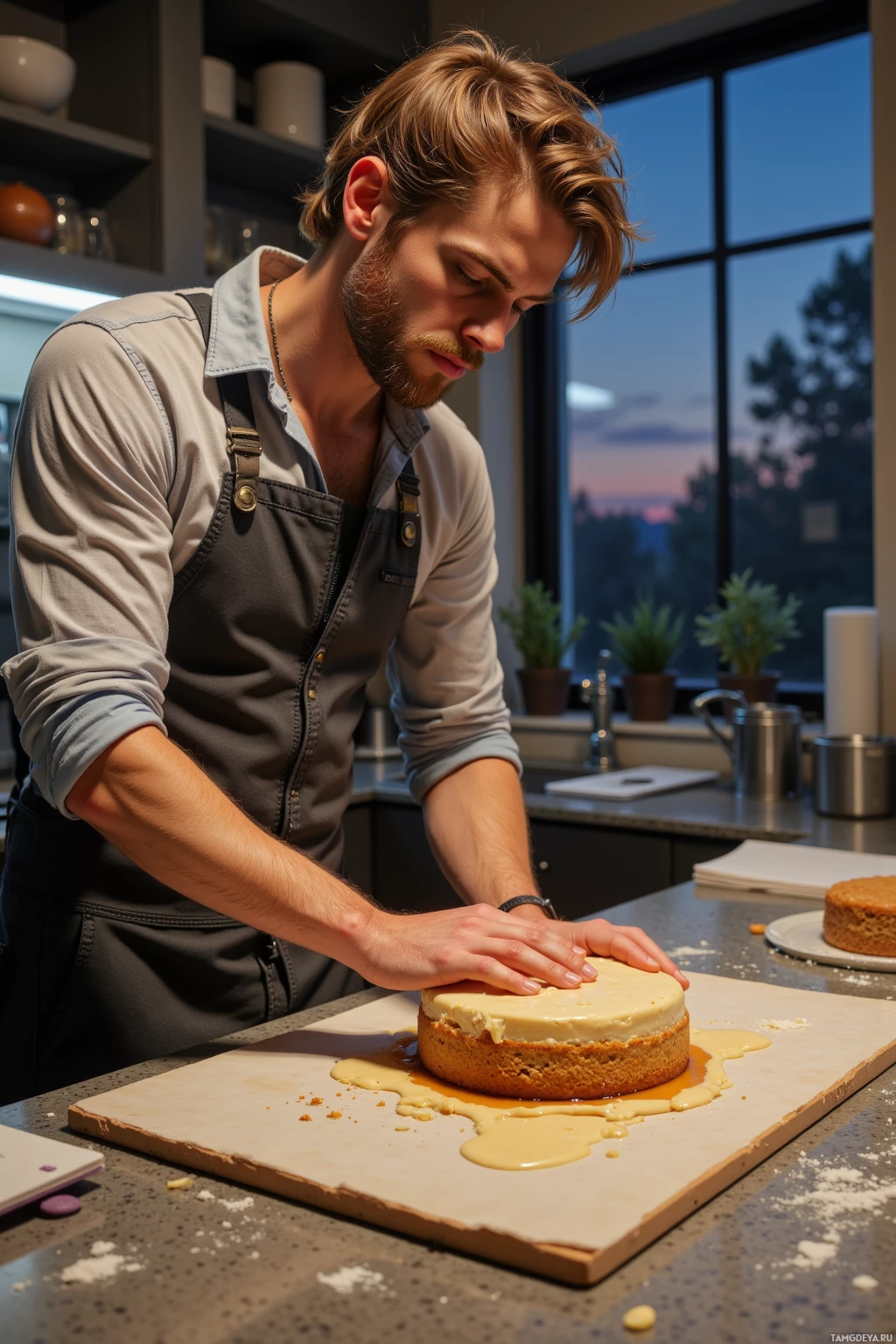 A person in an apron is smoothing frosting on a cake in a kitchen.