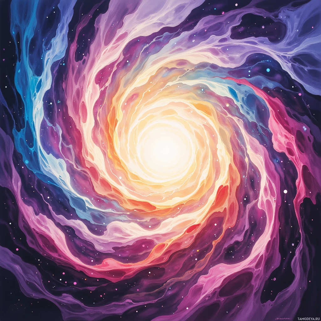 A vibrant, swirling galaxy with a bright center and colorful, cosmic hues.