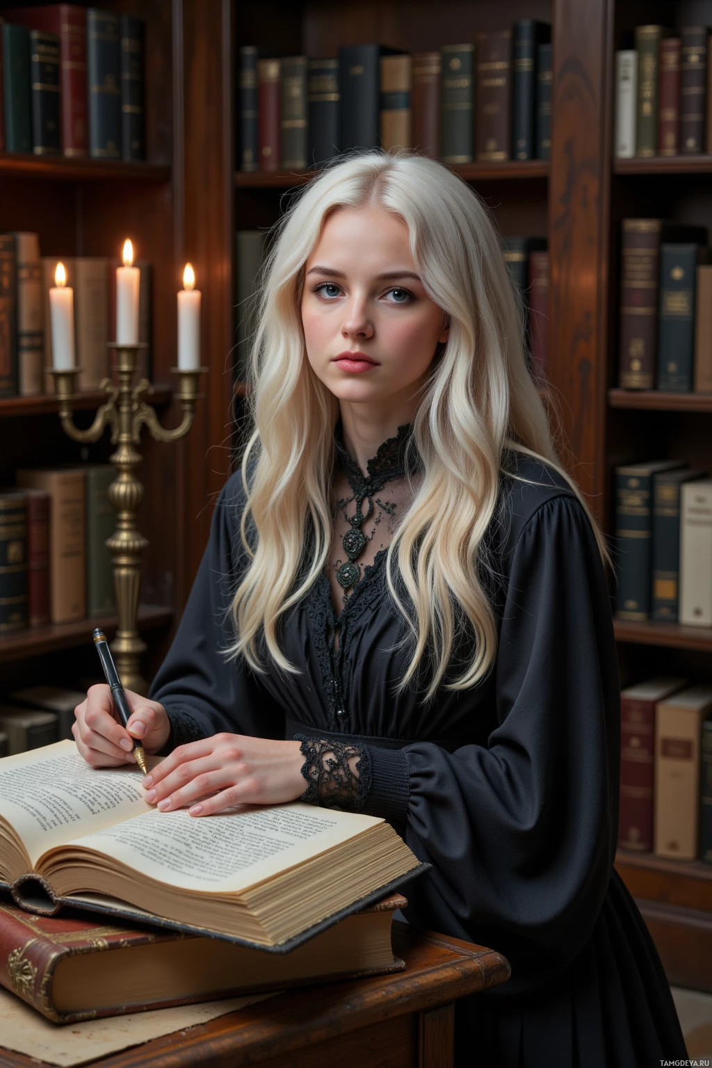 A person in a black lace-trimmed outfit is writing in a book at a desk with a candlelit background.