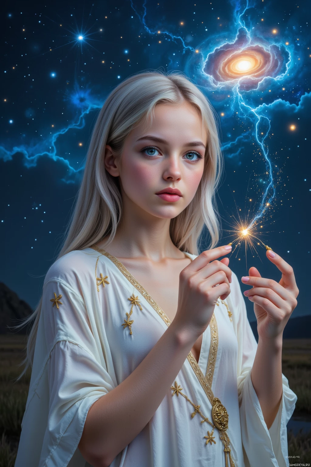 A person in a white robe with gold embroidery holds sparklers against a cosmic background.