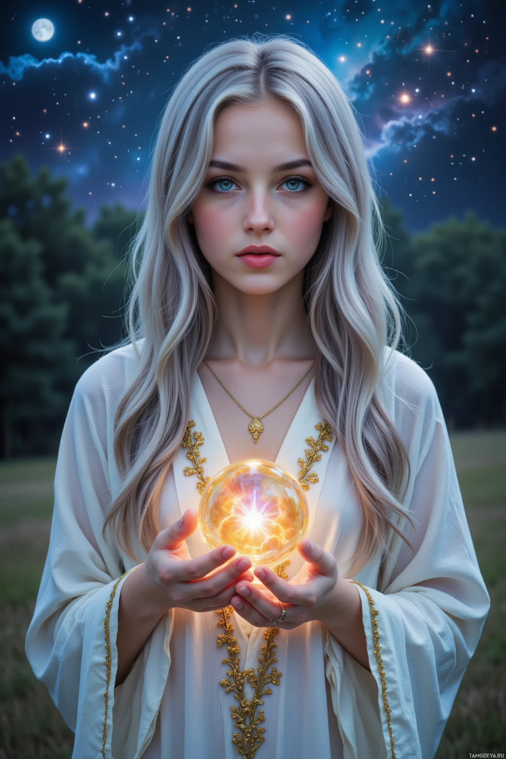 A person in a white robe with gold embroidery holds a glowing crystal ball against a night sky with stars and a full moon.