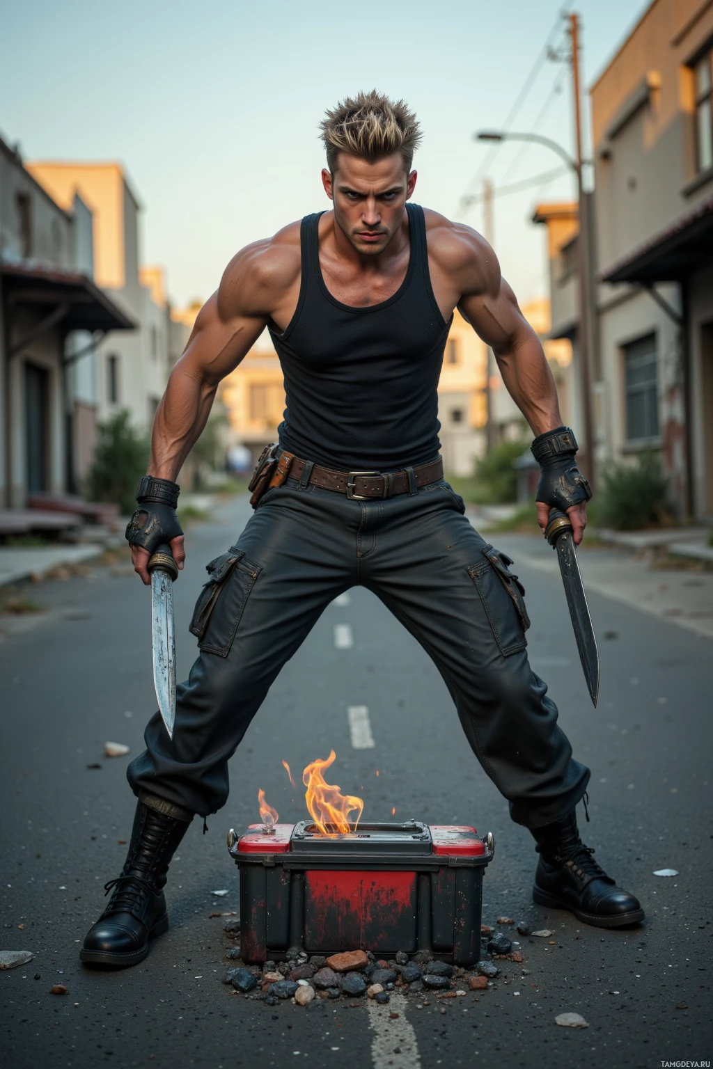 A muscular individual stands in an urban alleyway, holding knives and standing over a burning toolbox.