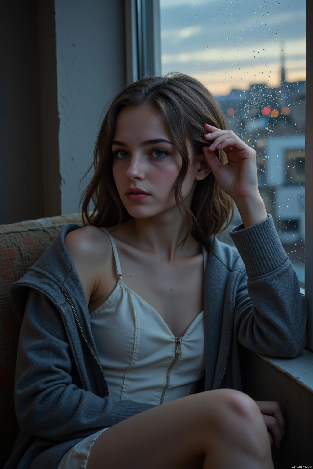 A person sits by a window with raindrops, wearing a light-colored top and a gray cardigan.