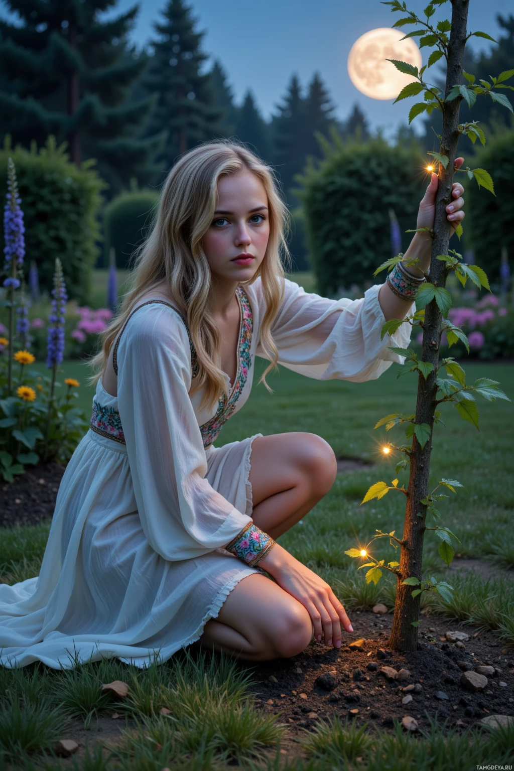 A person in a white dress kneels beside a small tree in a garden under a full moon.