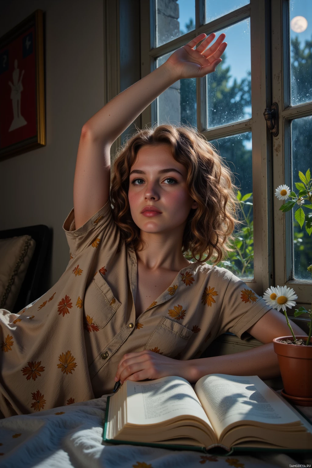 A person sits by a window, holding a book and gesturing with one hand.