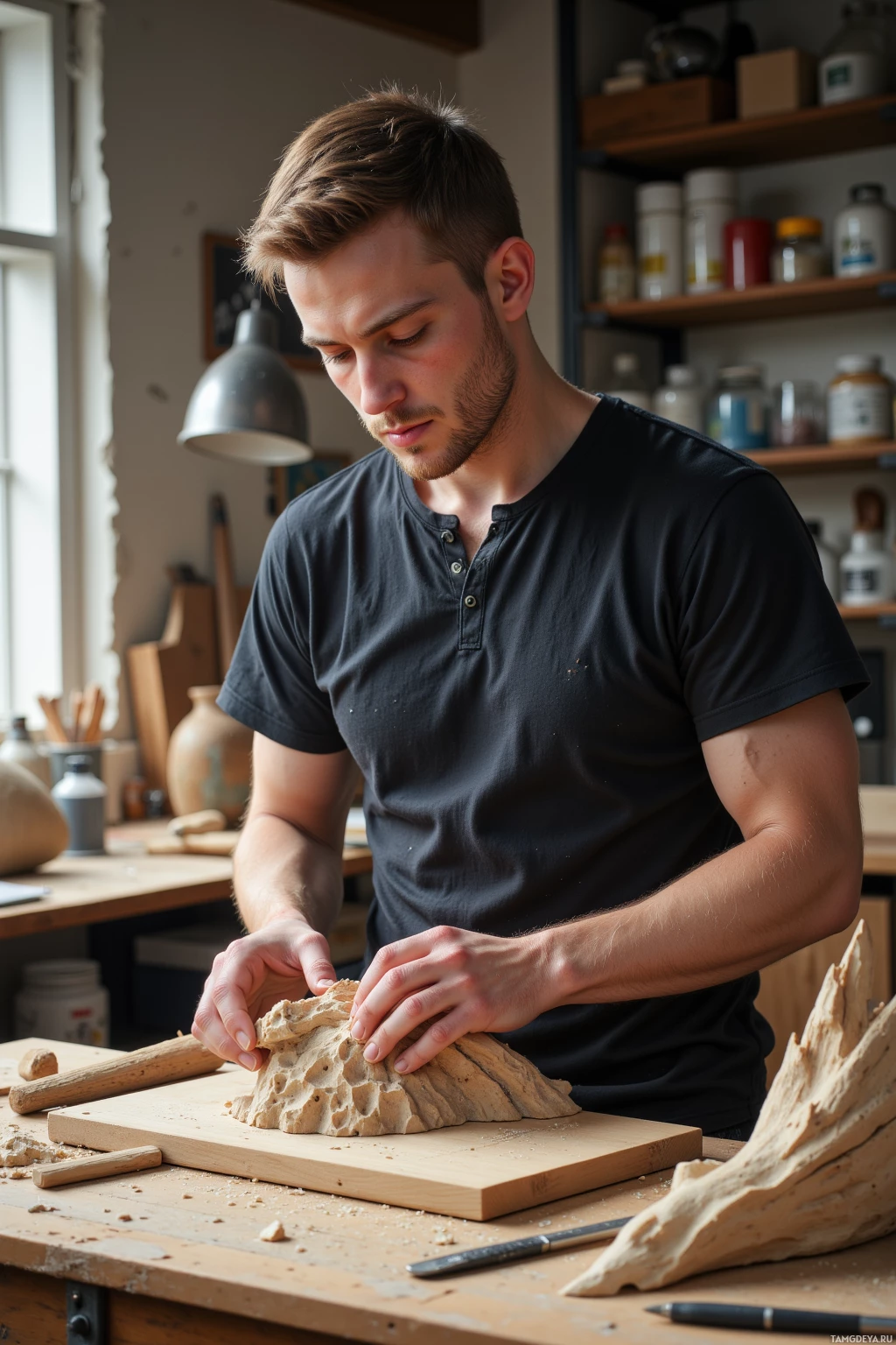 A person is working on a sculpture in a workshop setting.