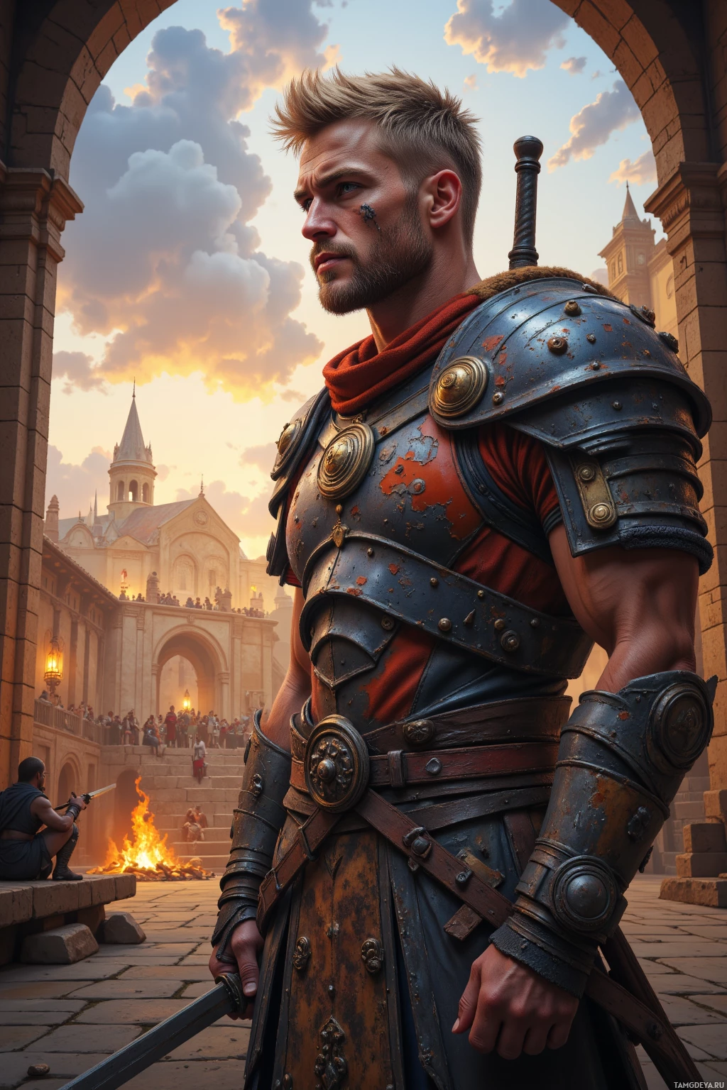 A warrior in armor stands with a sword at his side against an ancient city backdrop during sunset.