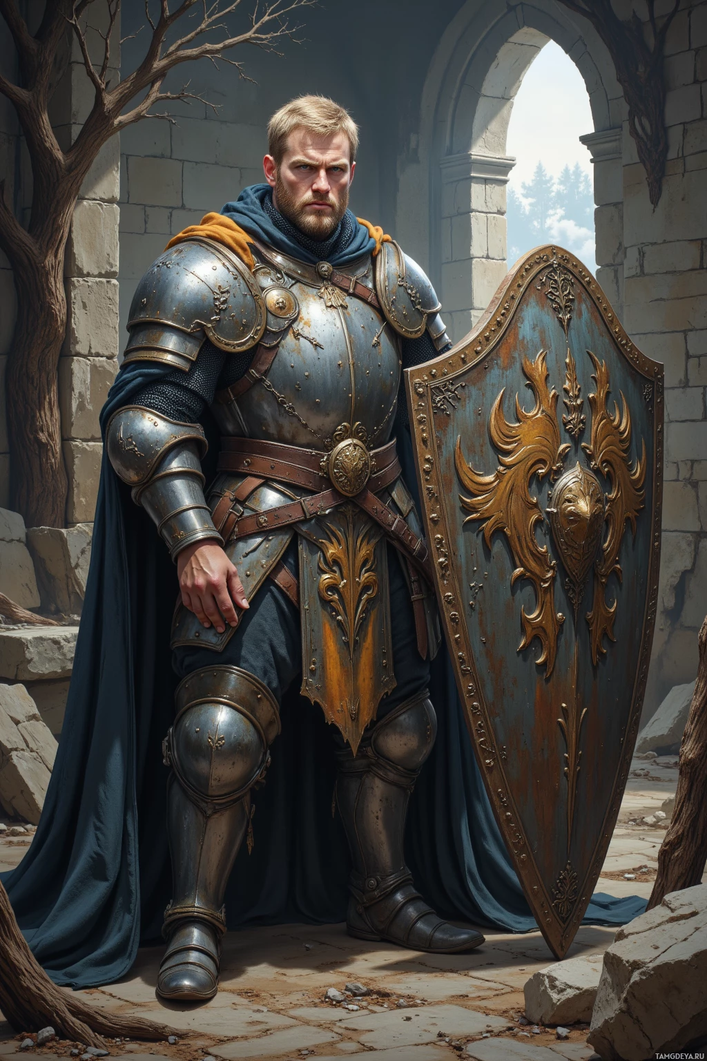 A knight in full armor stands in a courtyard, holding a shield.