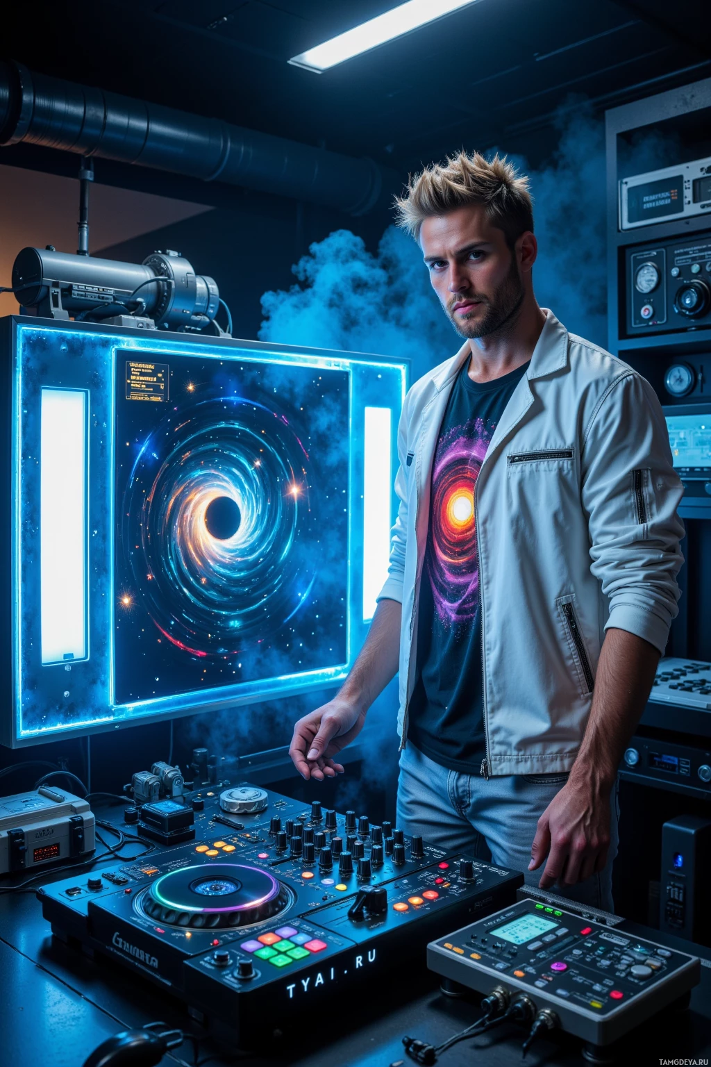 A person stands beside a DJ setup with a glowing cosmic-themed display in the background.
