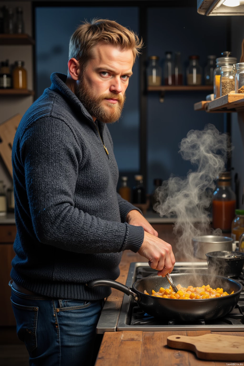 A man in a kitchen stirs food in a pan on the stove.