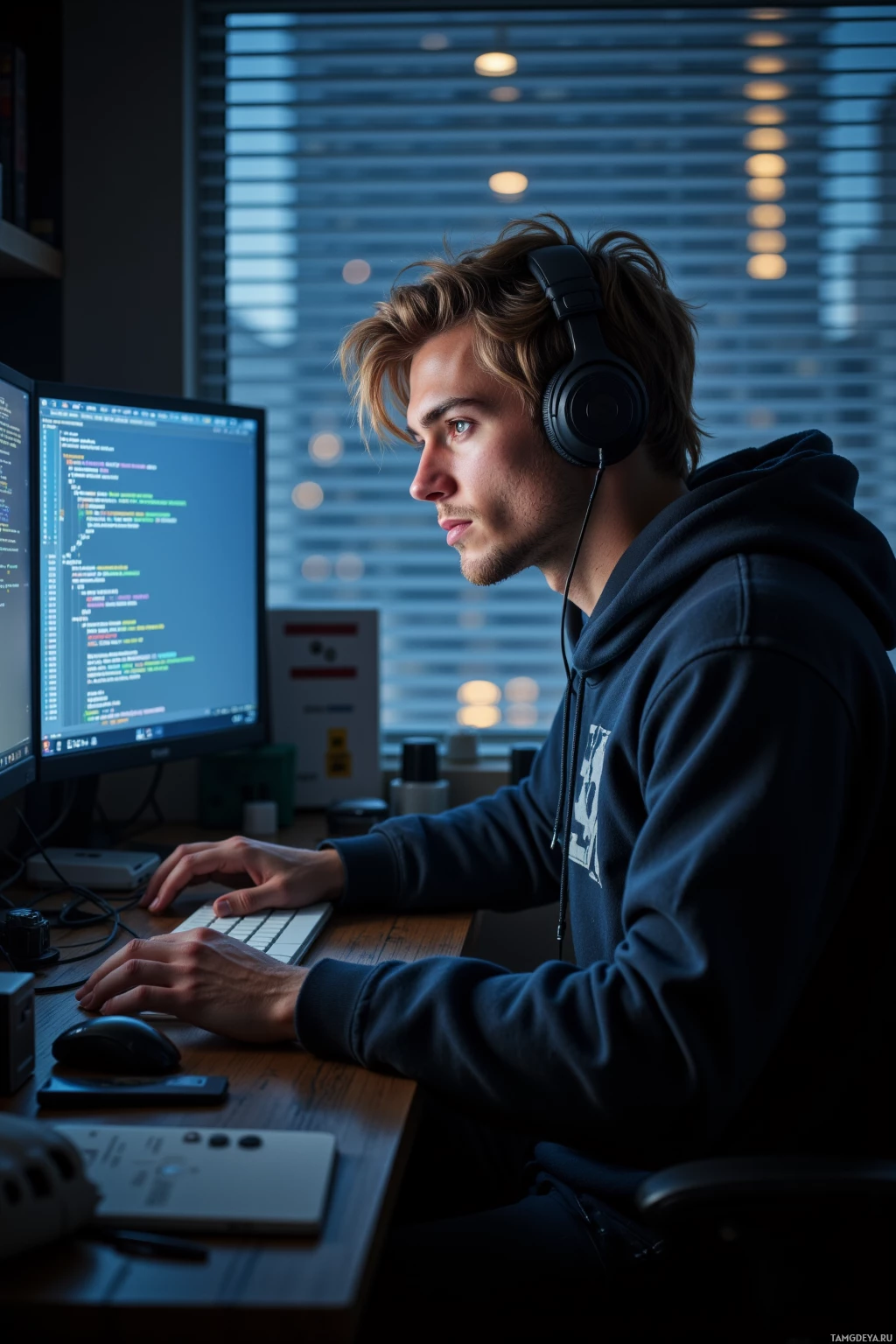 A person wearing headphones works at a desk with a computer displaying code.