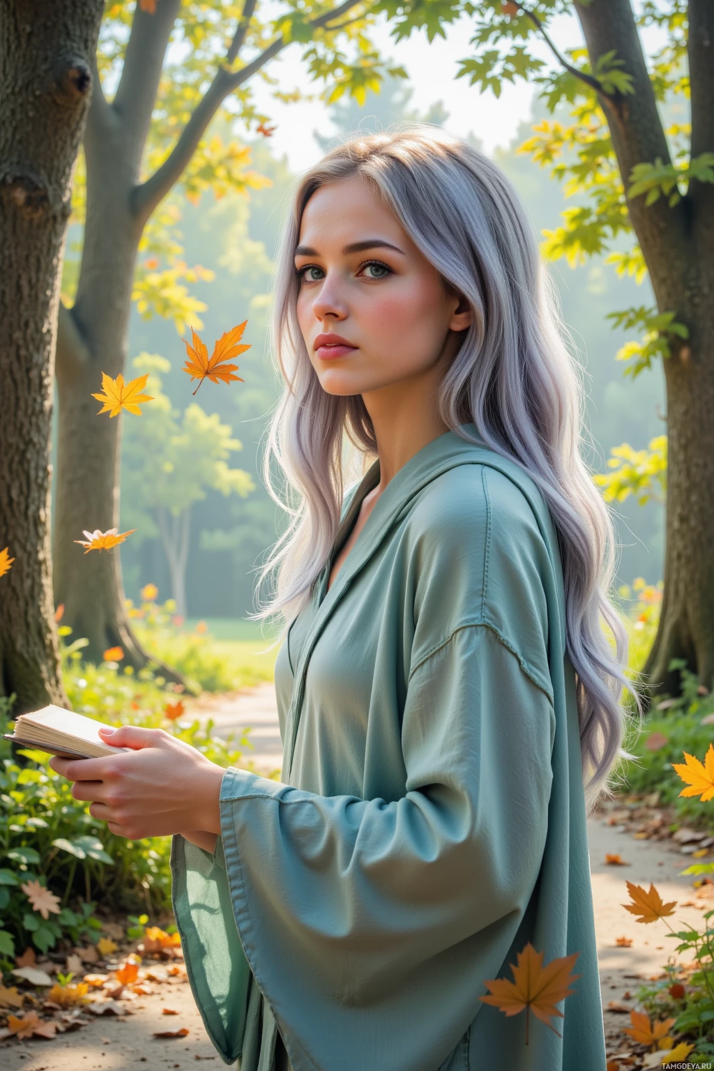 A person with long, light-colored hair stands in a park, holding a book, with autumn leaves falling around them.
