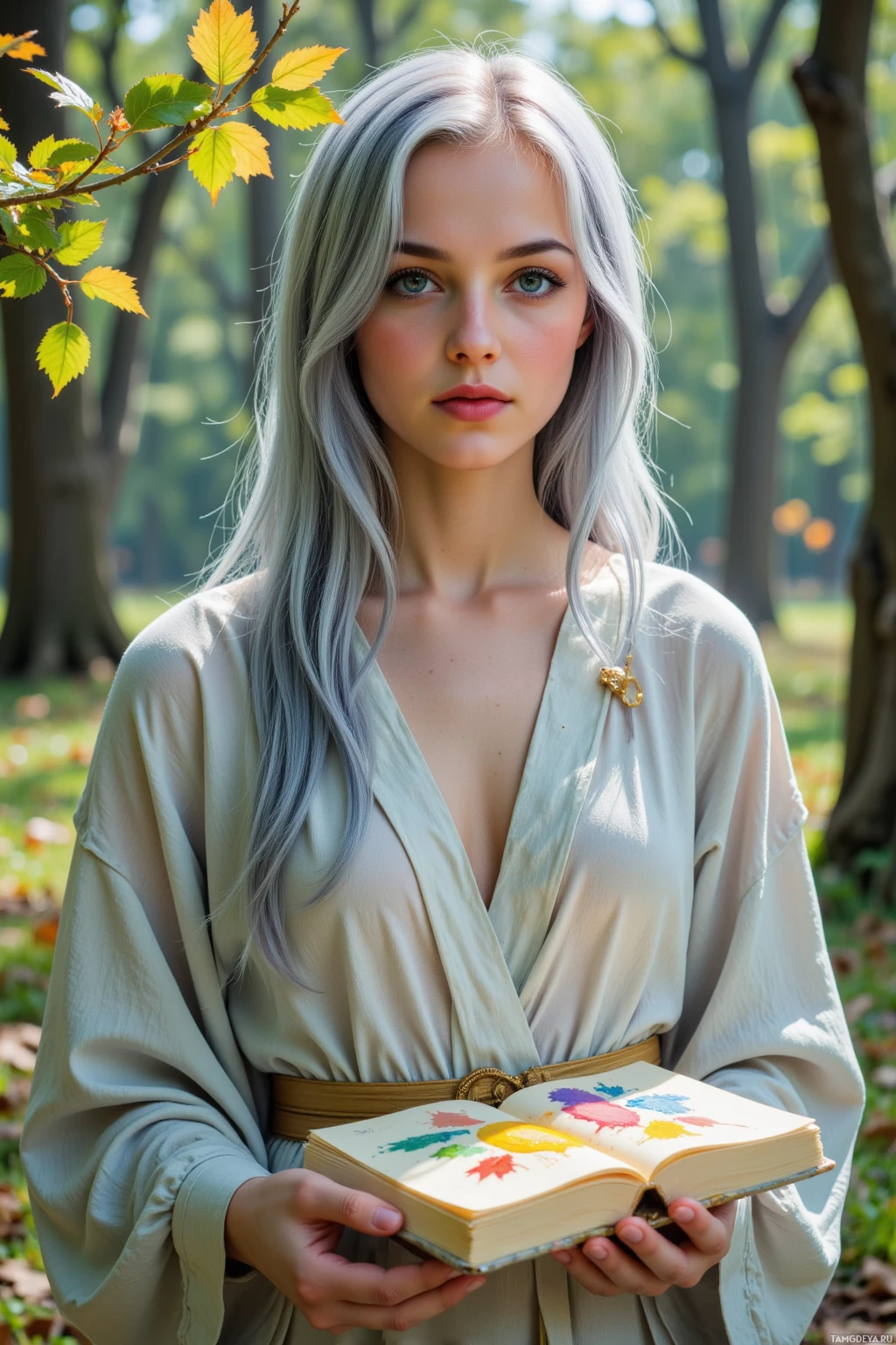 A person with long silver hair holds an open book in a forest setting.