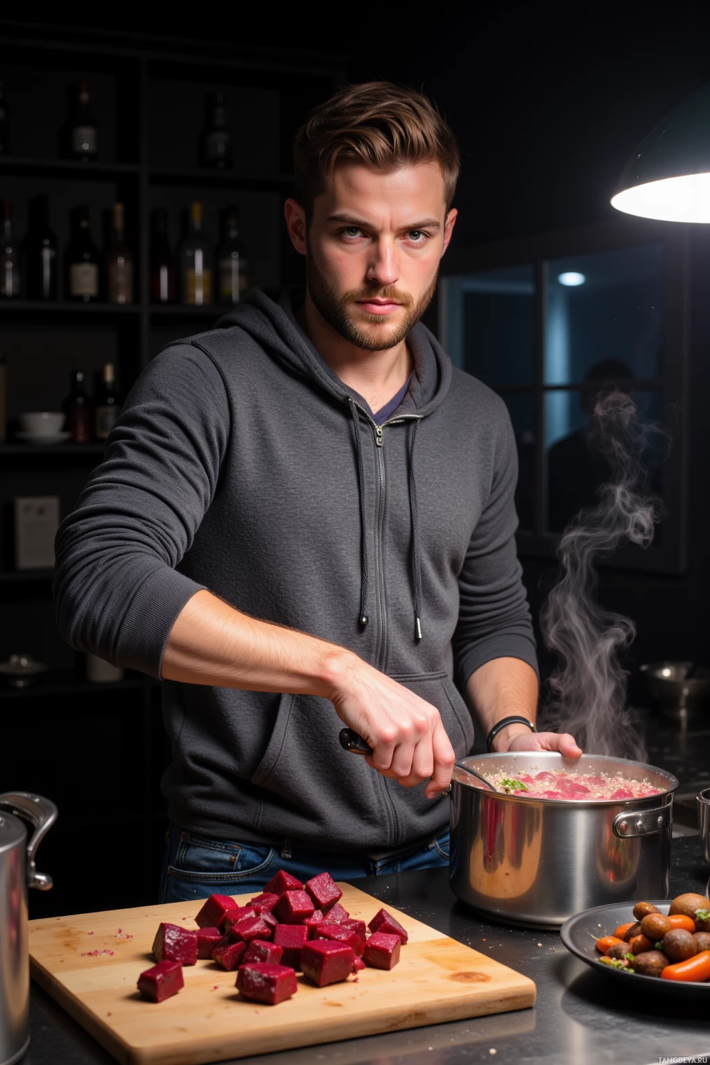 A person in a hoodie is cooking in a kitchen.