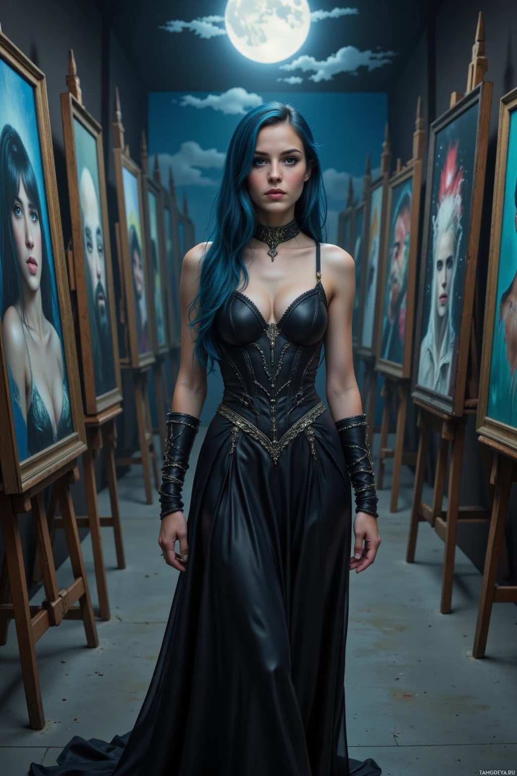 A woman with blue hair stands in an art gallery surrounded by framed portraits under a night sky with a full moon.