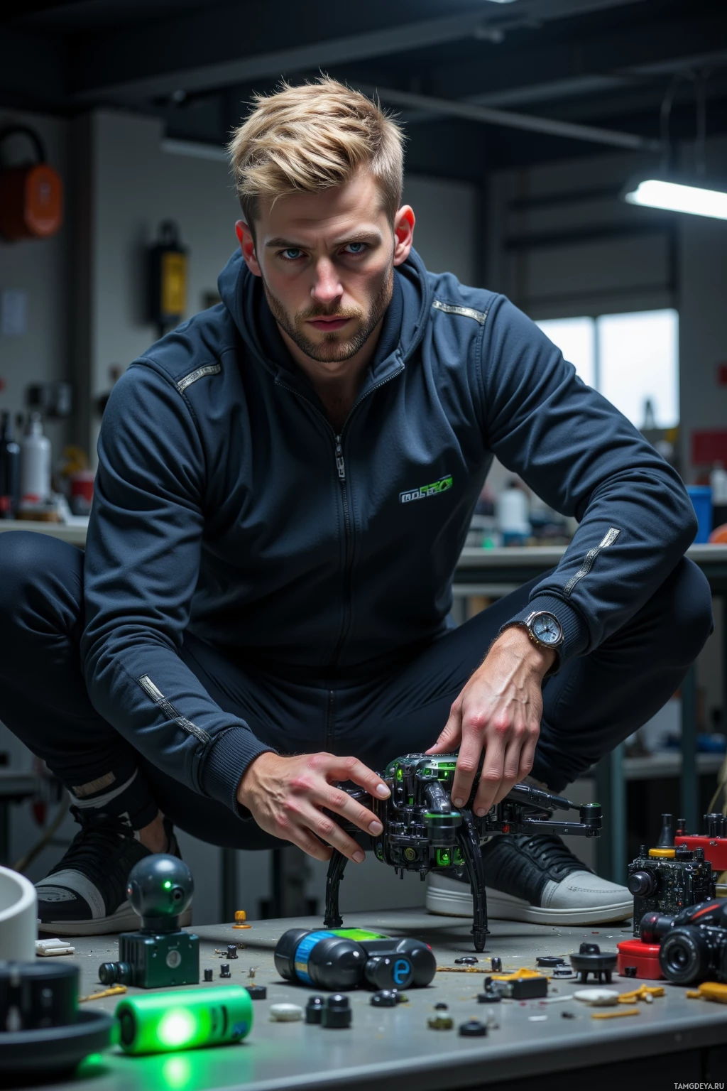 A person in a dark hoodie is kneeling and working on a drone in a workshop setting with various tools and equipment around them.