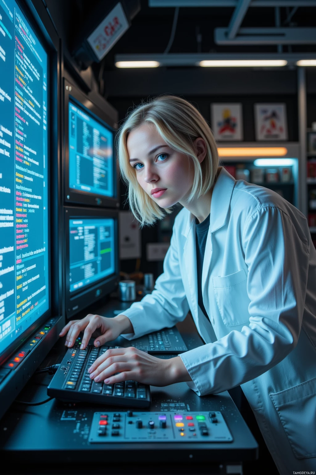 A person in a lab coat is working at a computer with multiple monitors displaying code and data.