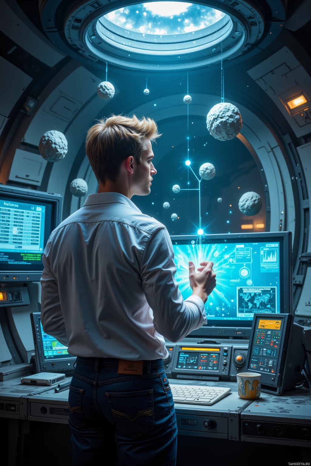 A person stands in a futuristic control room, observing a large display of celestial bodies and data.