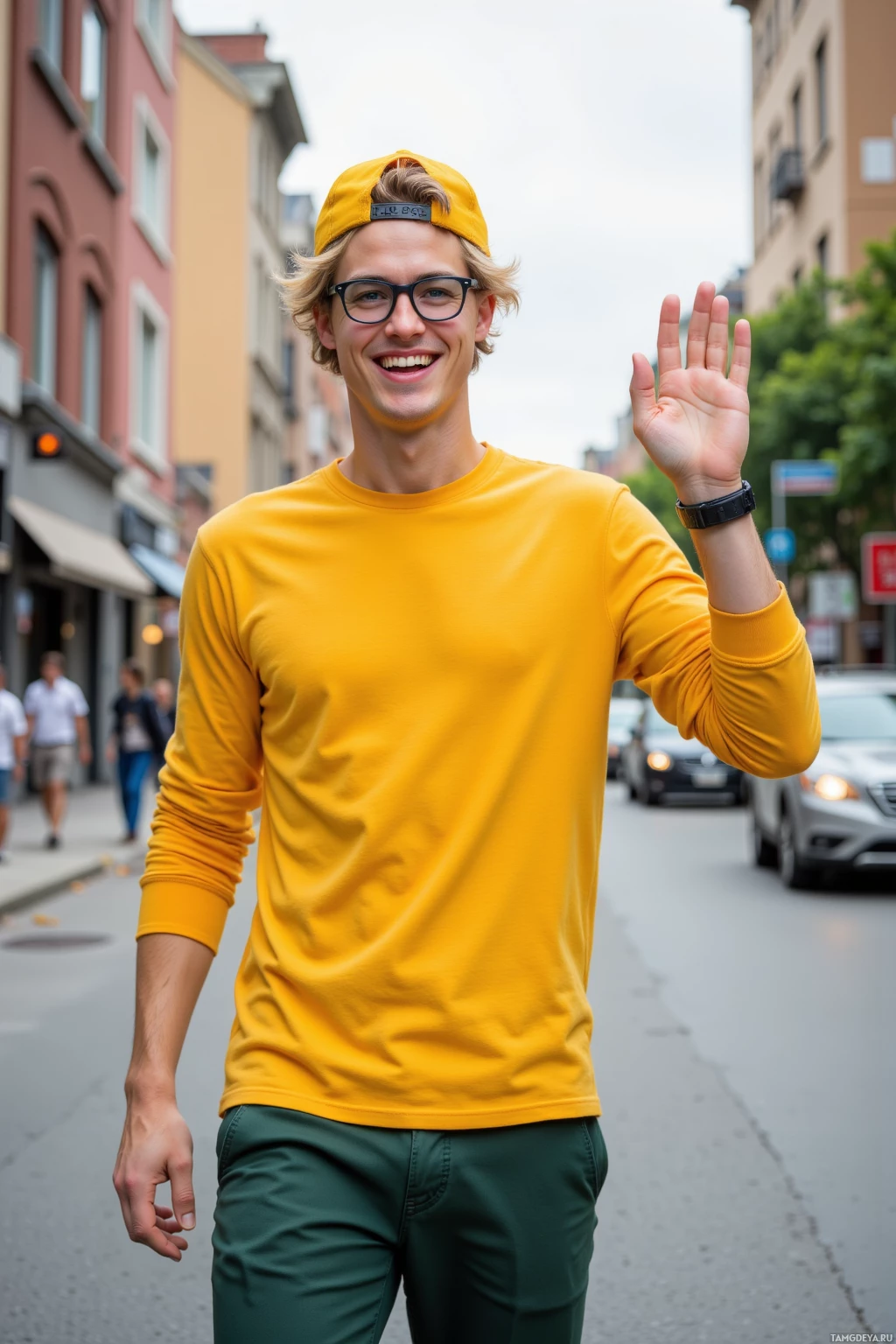 A person wearing a yellow shirt and green pants waves while standing on a street.