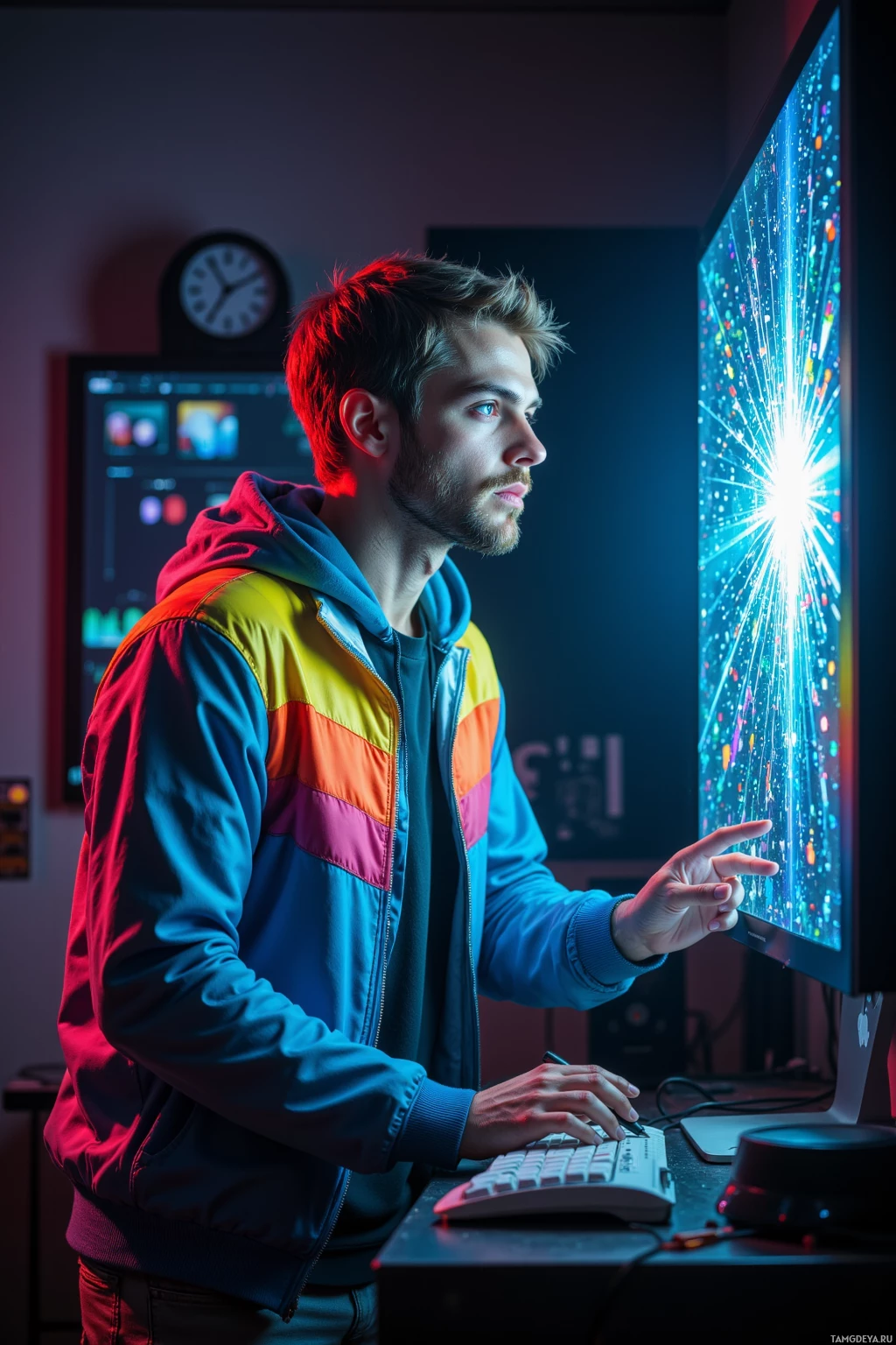 A person wearing a colorful jacket is working on a computer with vibrant lighting in the background.
