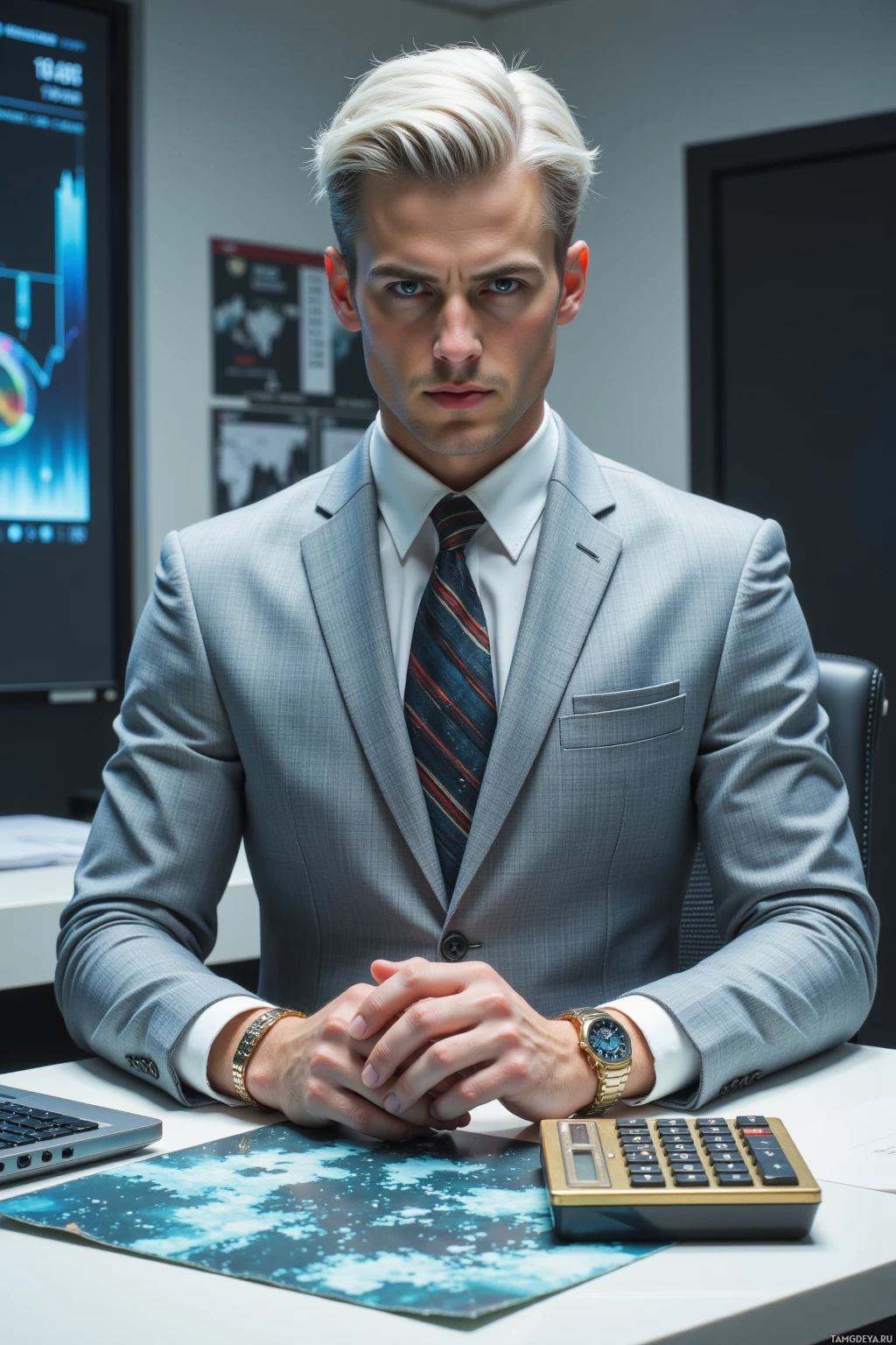 A man in a suit sits at a desk with a calculator and a laptop.