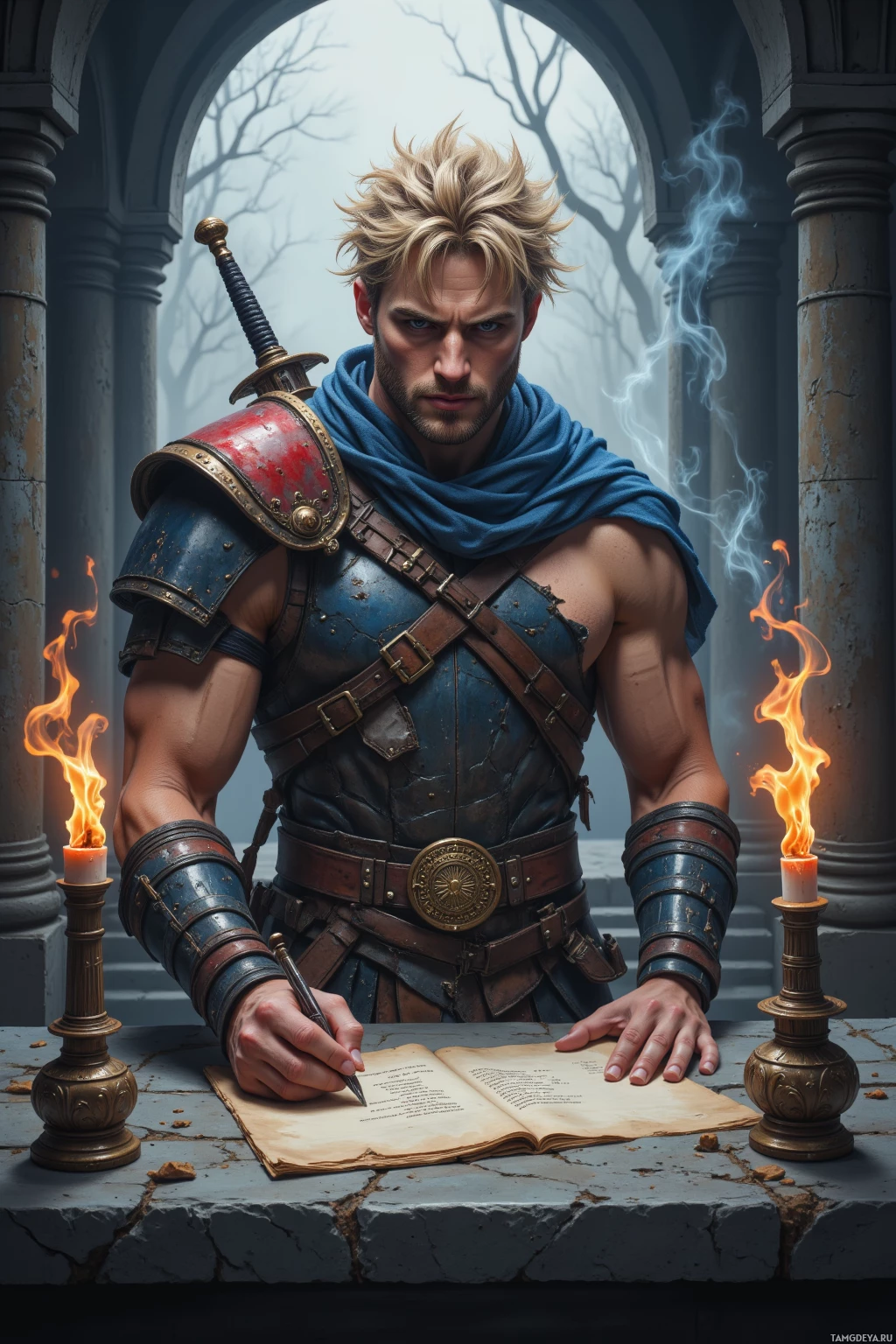 A warrior in armor writes in a book by candlelight in a stone archway.