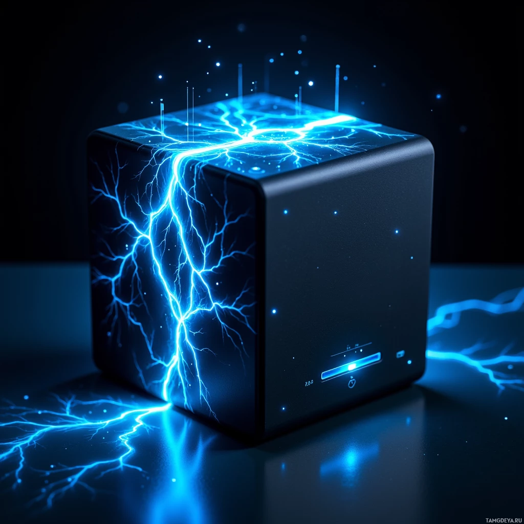 A glowing blue lightning bolt design adorns a black cube on a reflective surface against a dark background.
