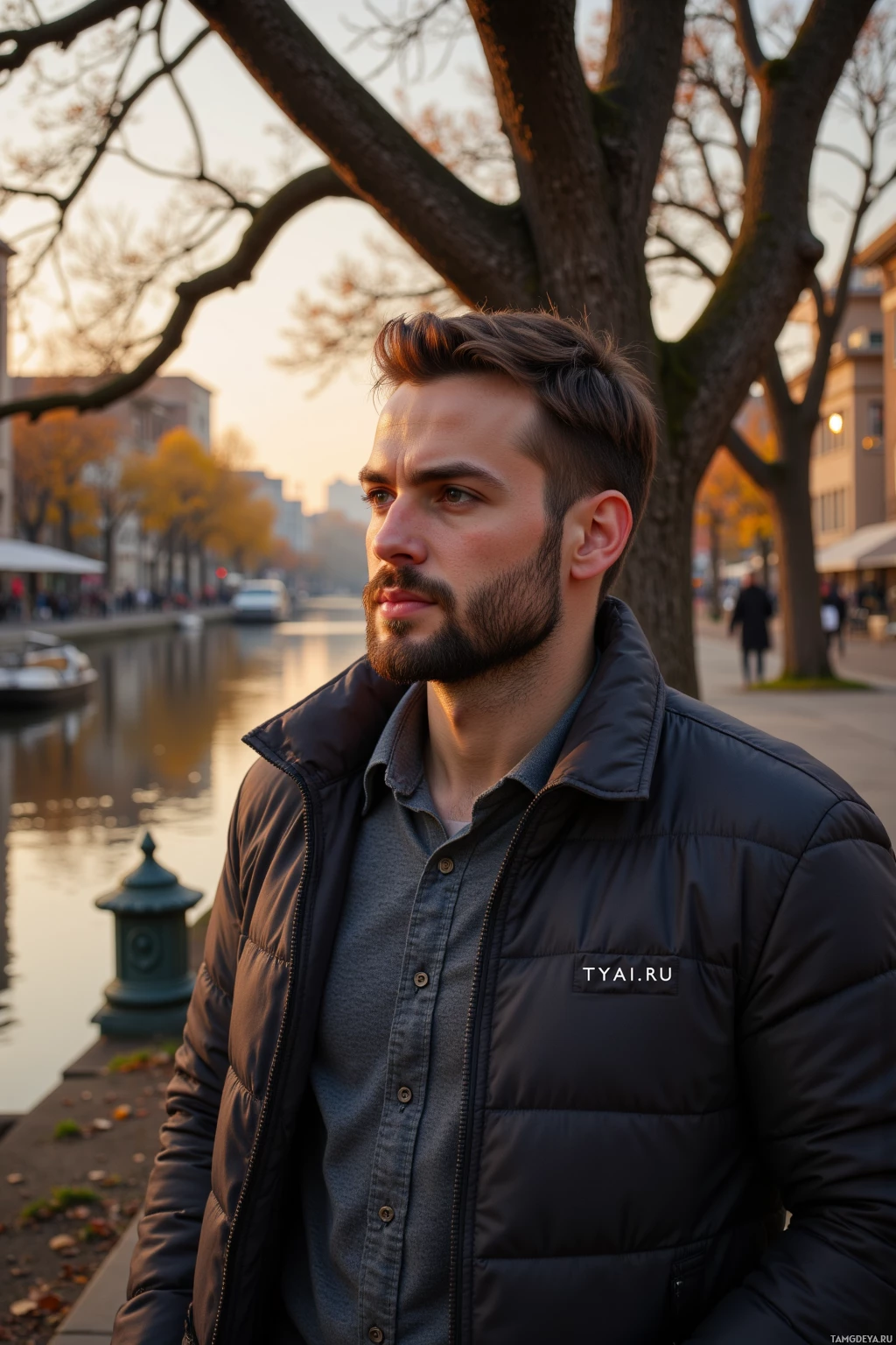 A man stands by a canal in an urban setting during sunset, wearing a dark jacket and button-up shirt.