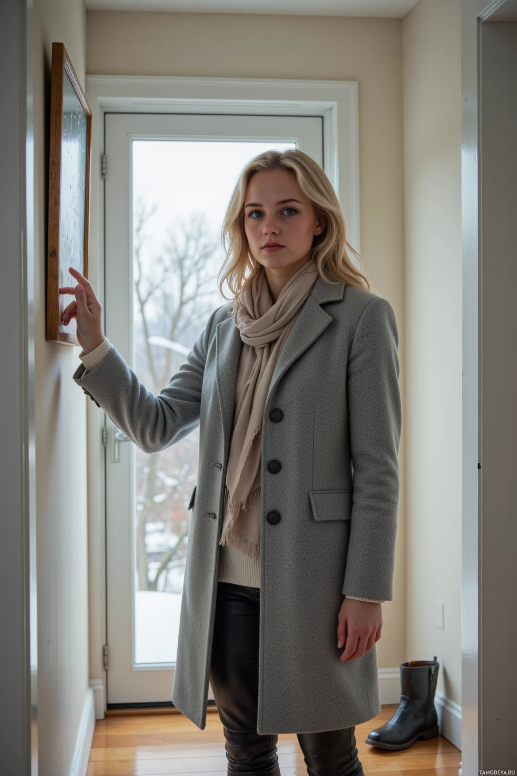 A person in a gray coat and scarf stands in a hallway, pointing at a framed item on the wall.