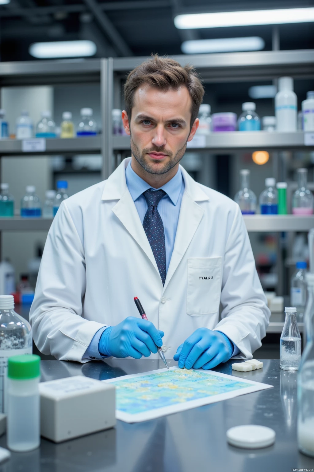 A scientist in a lab coat and gloves works with a map and pen in a laboratory setting.