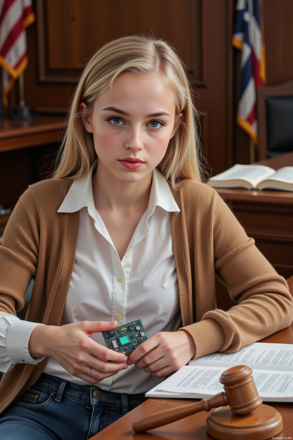 A person in a courtroom setting holding a circuit board.