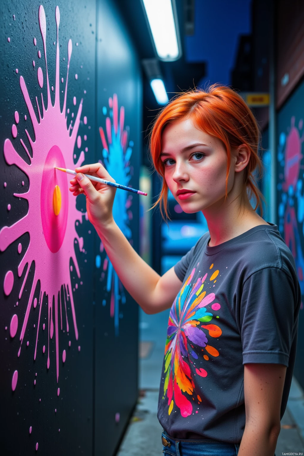 A person with orange hair is painting a colorful design on a wall.