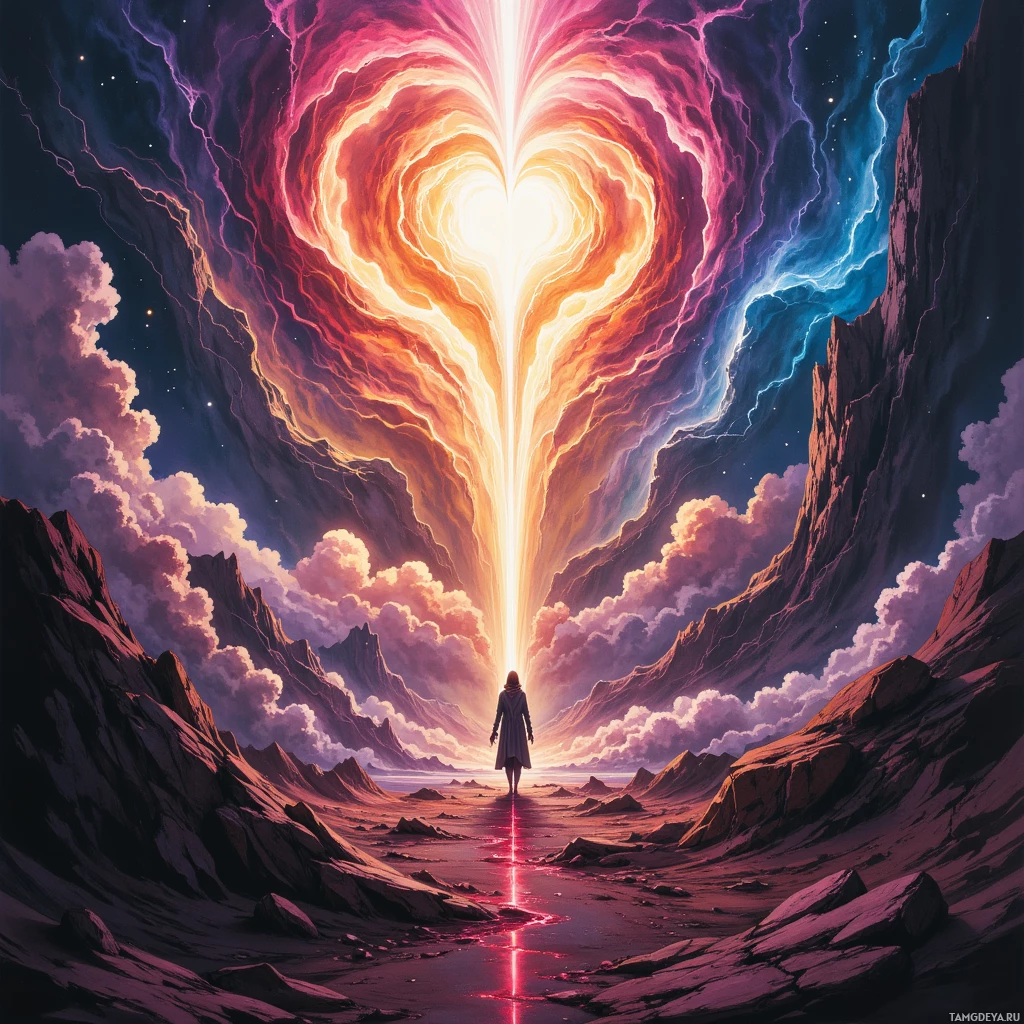 A lone figure stands at the entrance to a glowing heart-shaped portal amidst rocky terrain under a starry sky.