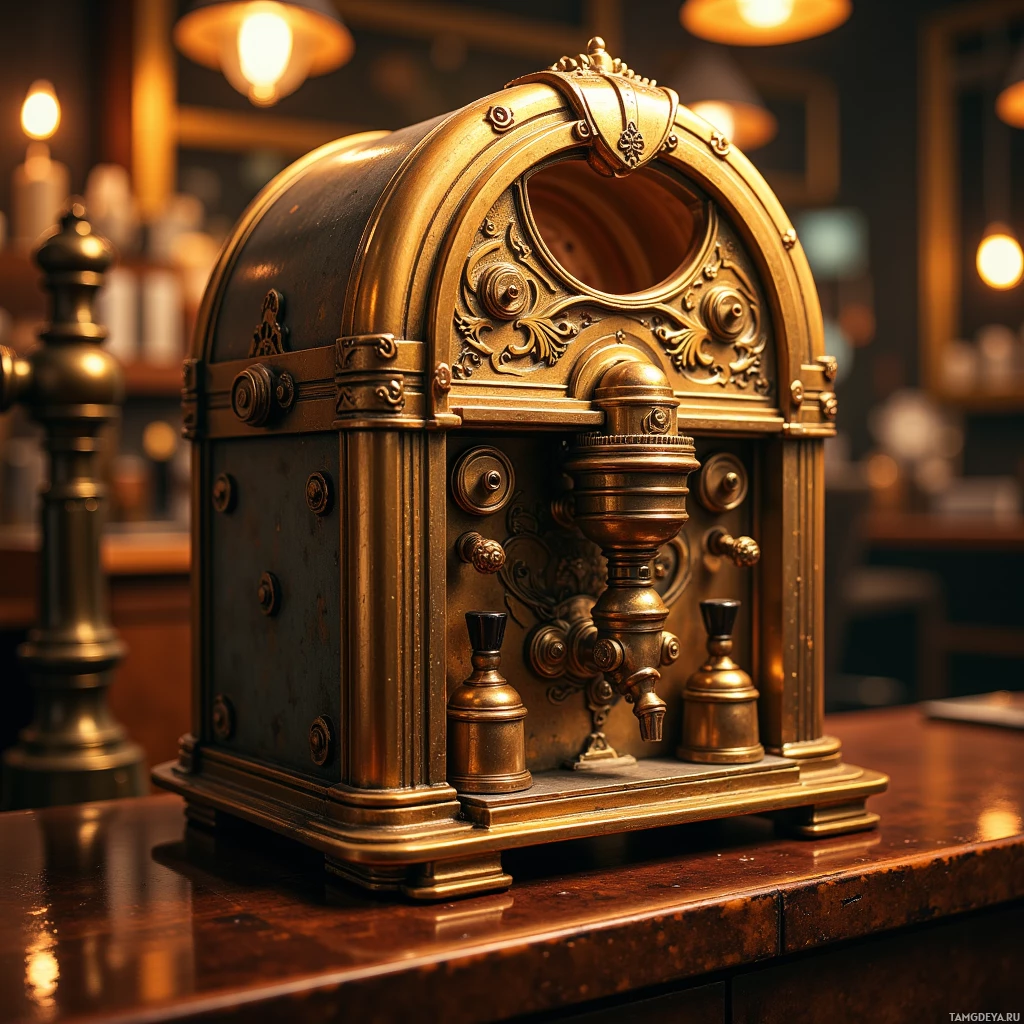An ornate brass machine with intricate detailing sits on a wooden surface in a warmly lit room.