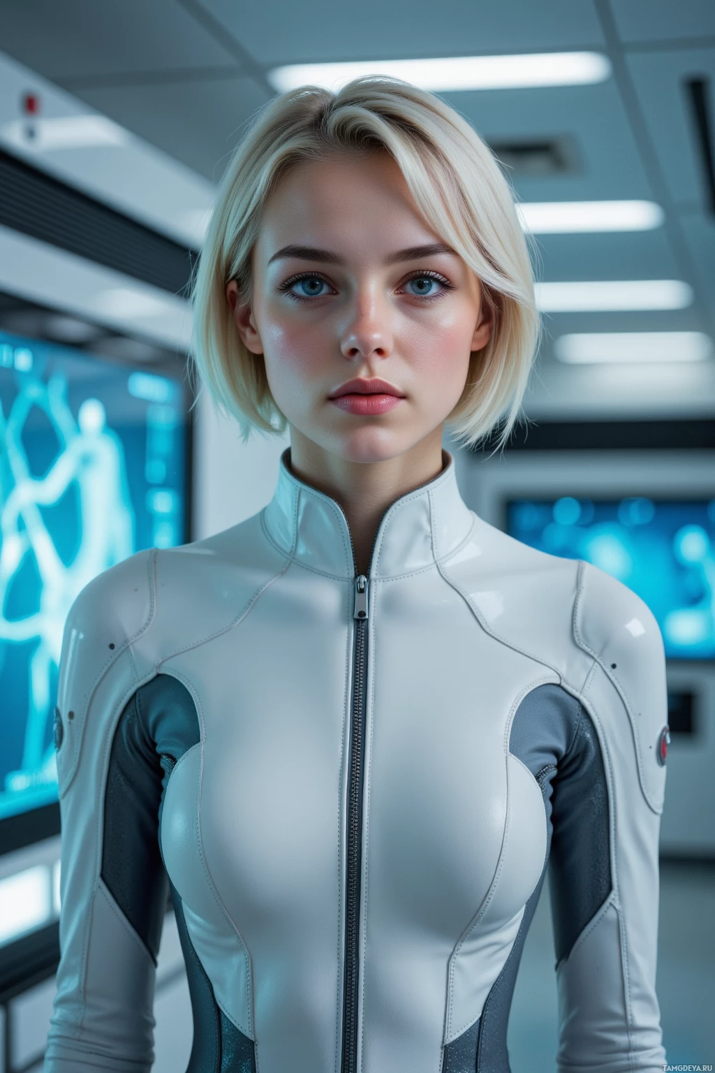 A person in a futuristic, white, form-fitting outfit stands in a high-tech environment.
