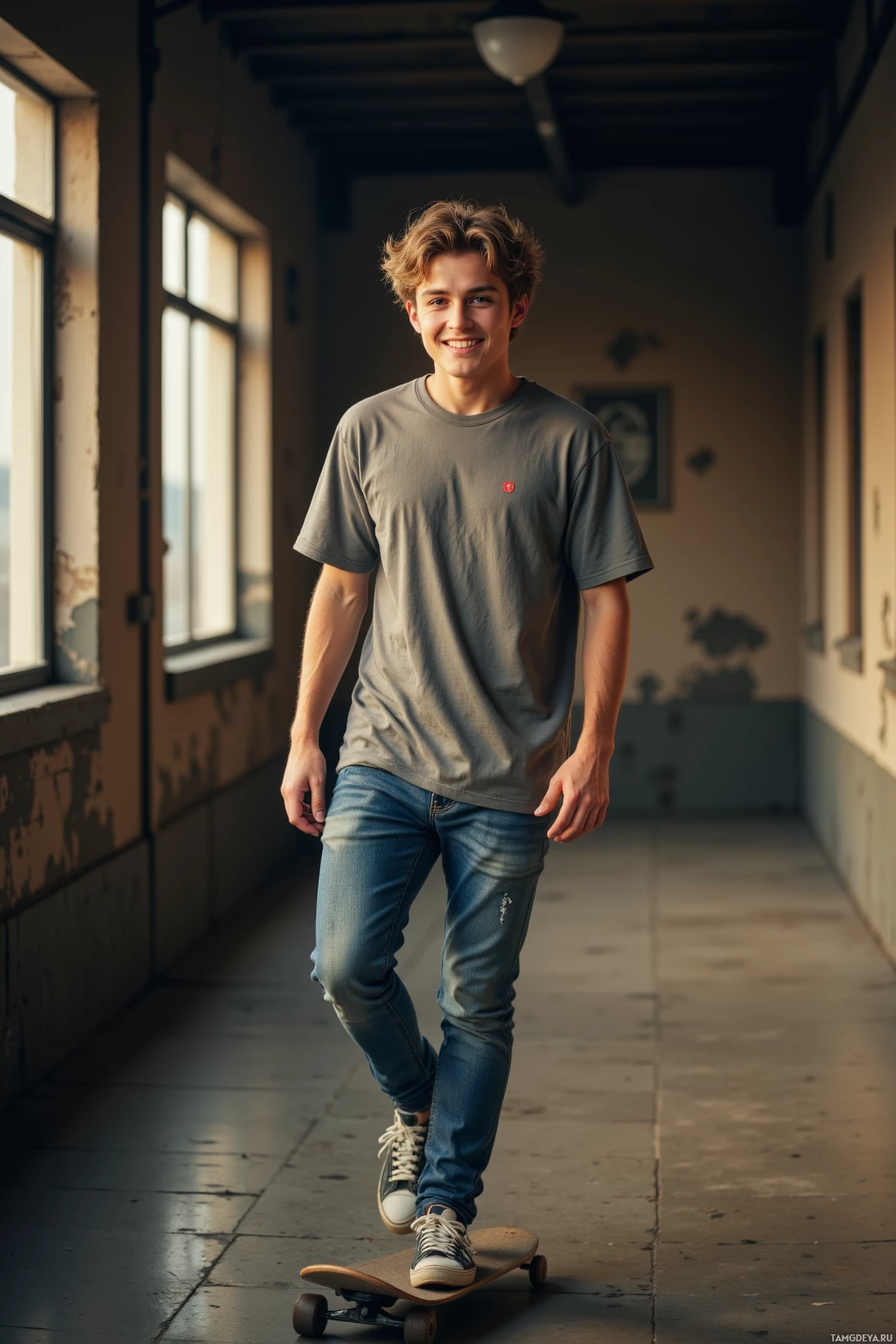 A person is skateboarding indoors in a hallway with natural light coming through the windows.