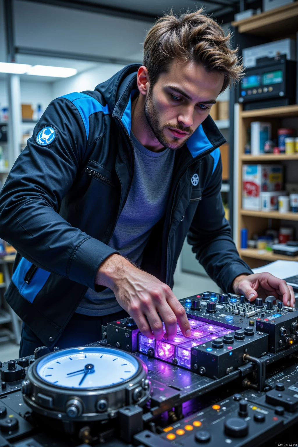 A person is working on electronic equipment in what appears to be a workshop or lab setting.
