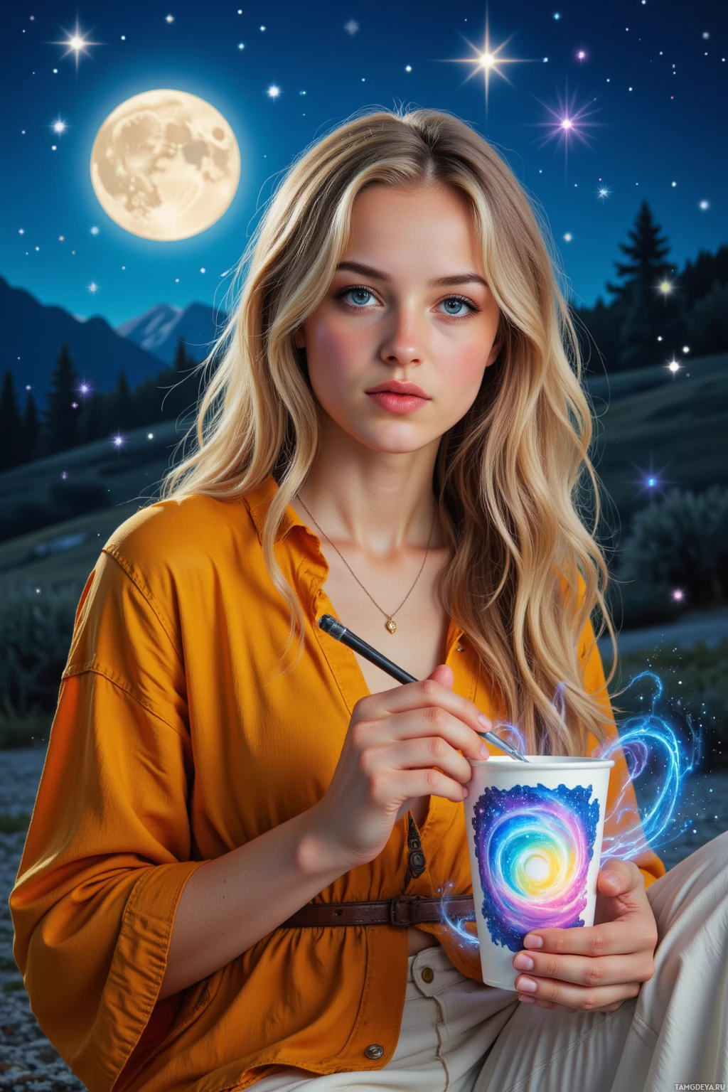 A person in a yellow shirt is holding a cup with a colorful, swirling design, set against a night sky with stars and a full moon.