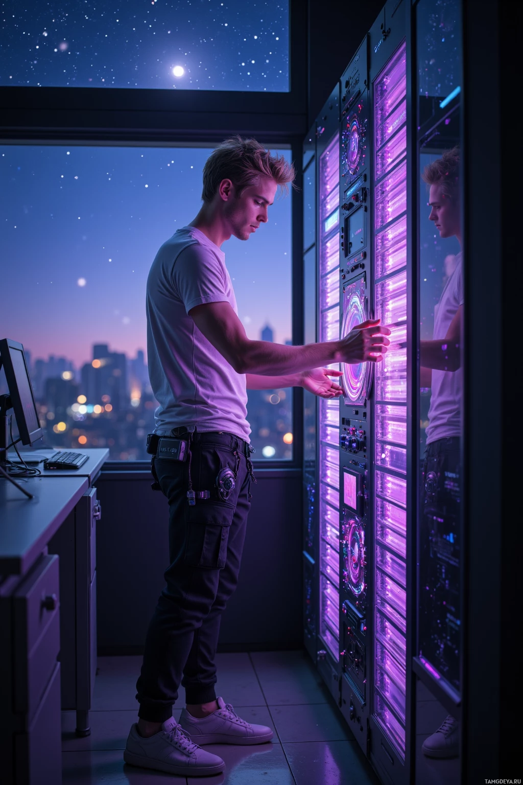 A person stands in front of a server rack with glowing purple lights, overlooking a cityscape at night.