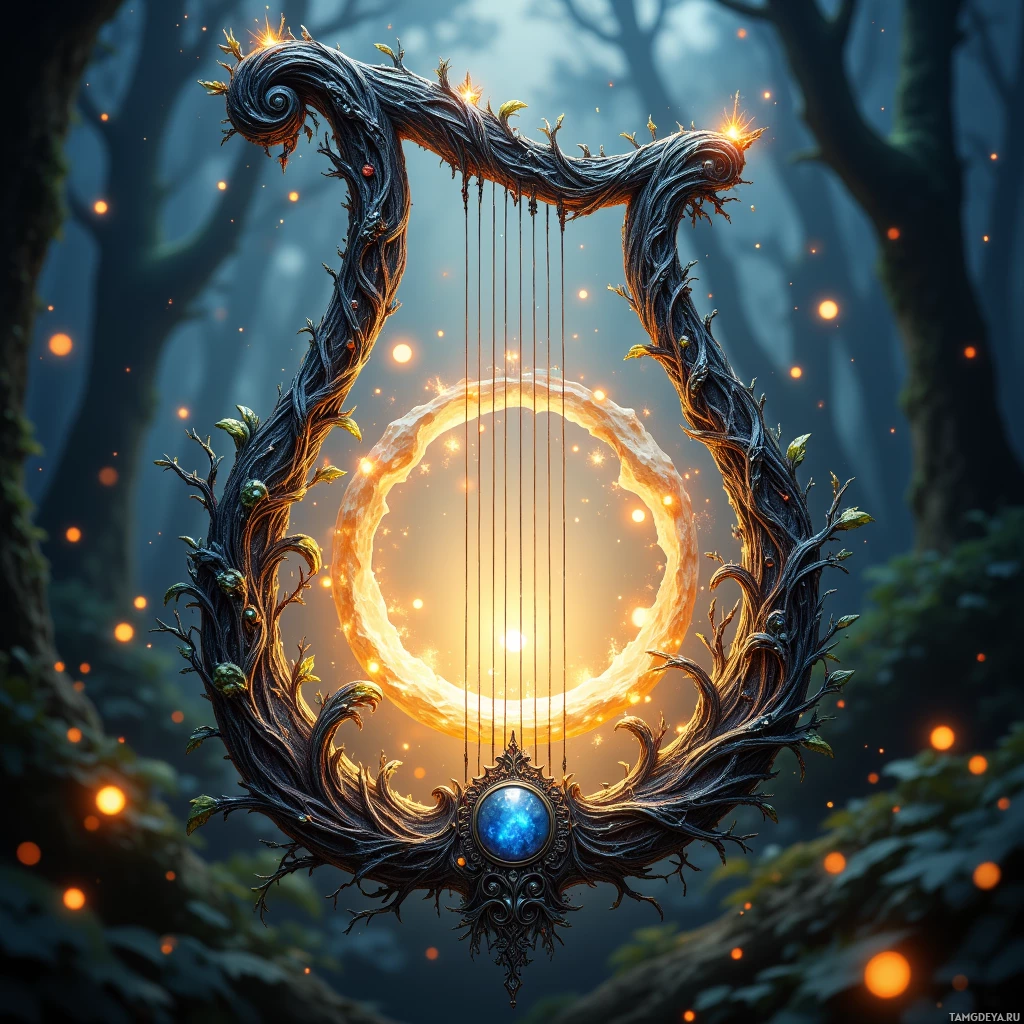 A mystical harp with glowing strings and a blue gem at its center is set against a forest backdrop with floating lights.
