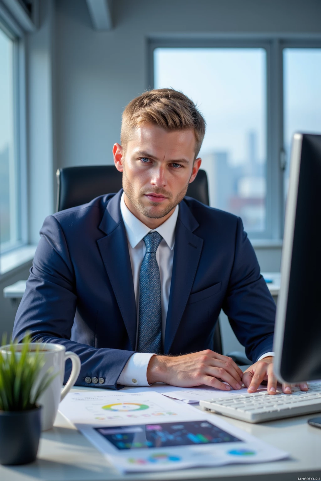 A man in a suit is working at his desk with documents and a computer.