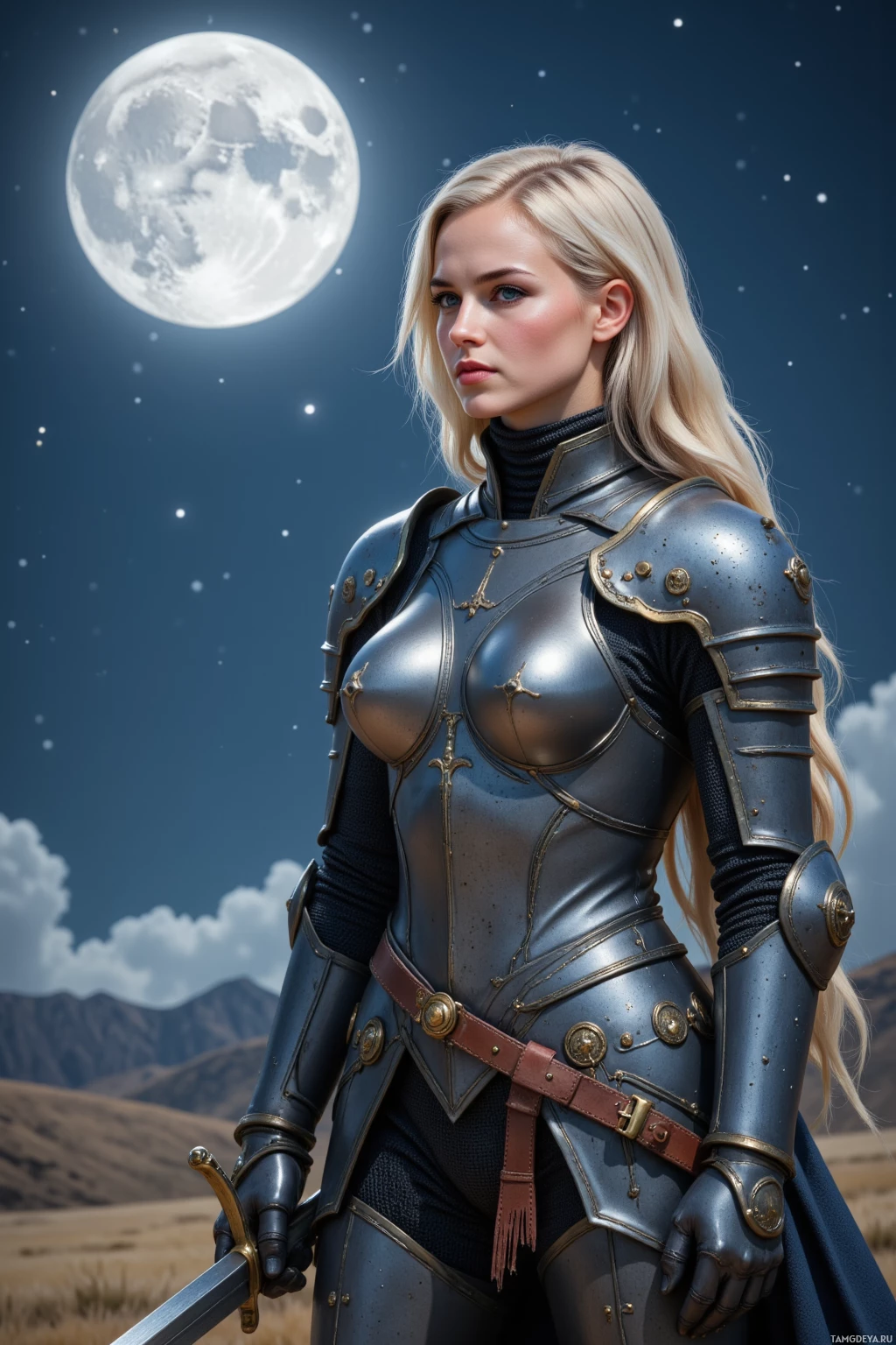 A woman in detailed armor stands under a full moon, holding a sword.