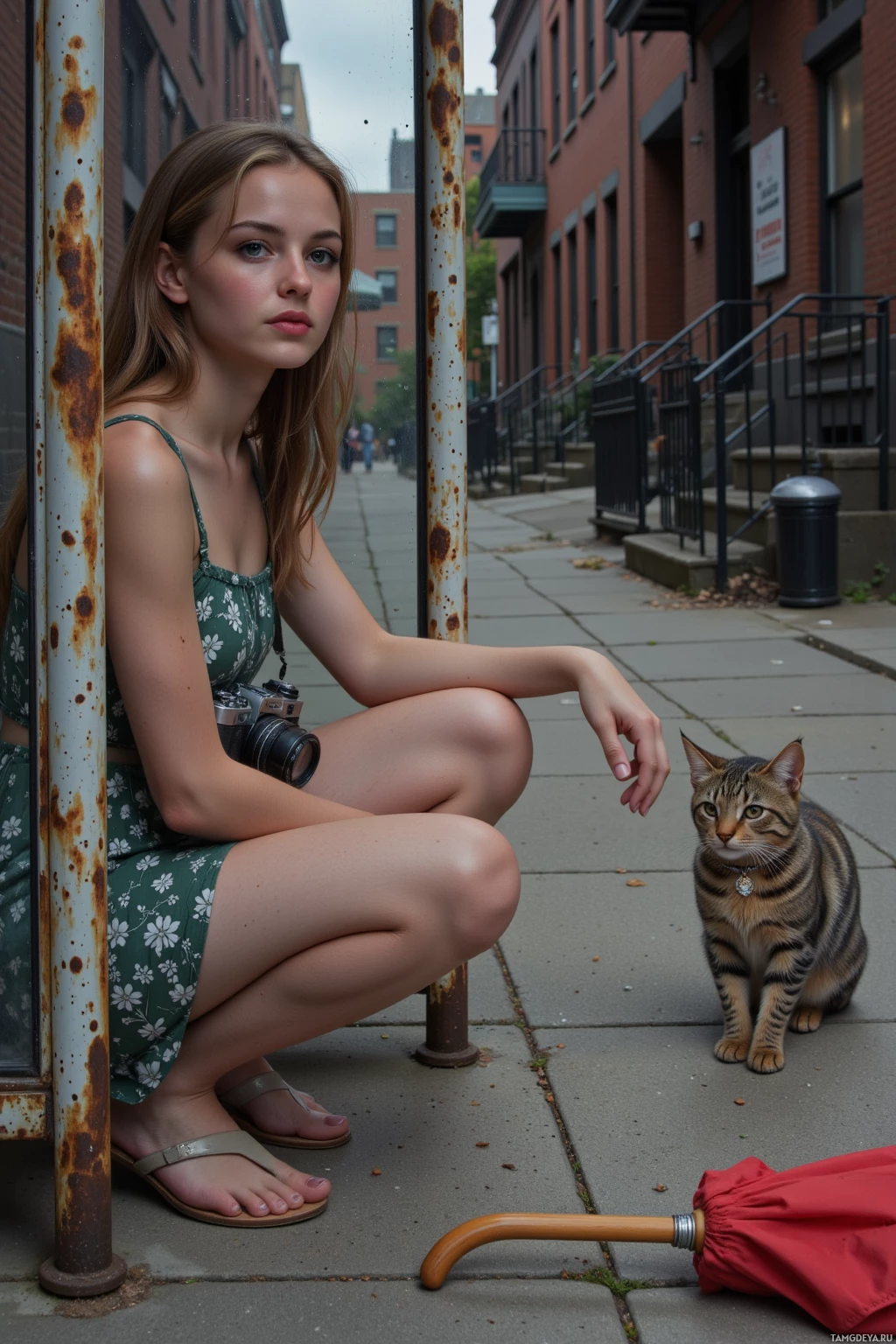 A person in a floral dress sits on a sidewalk next to a cat and a red umbrella.