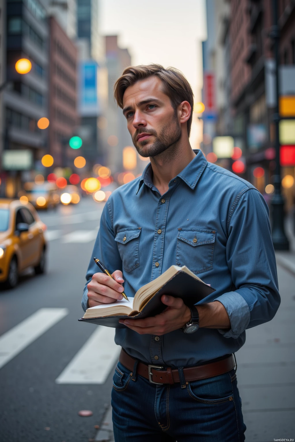 A man in a blue shirt and jeans stands on a city street, holding a notebook and pen.