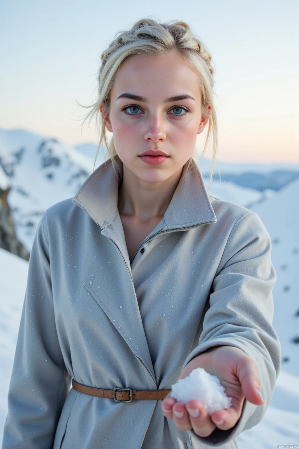 A person in a coat holds snow in their hand against a snowy mountain backdrop.