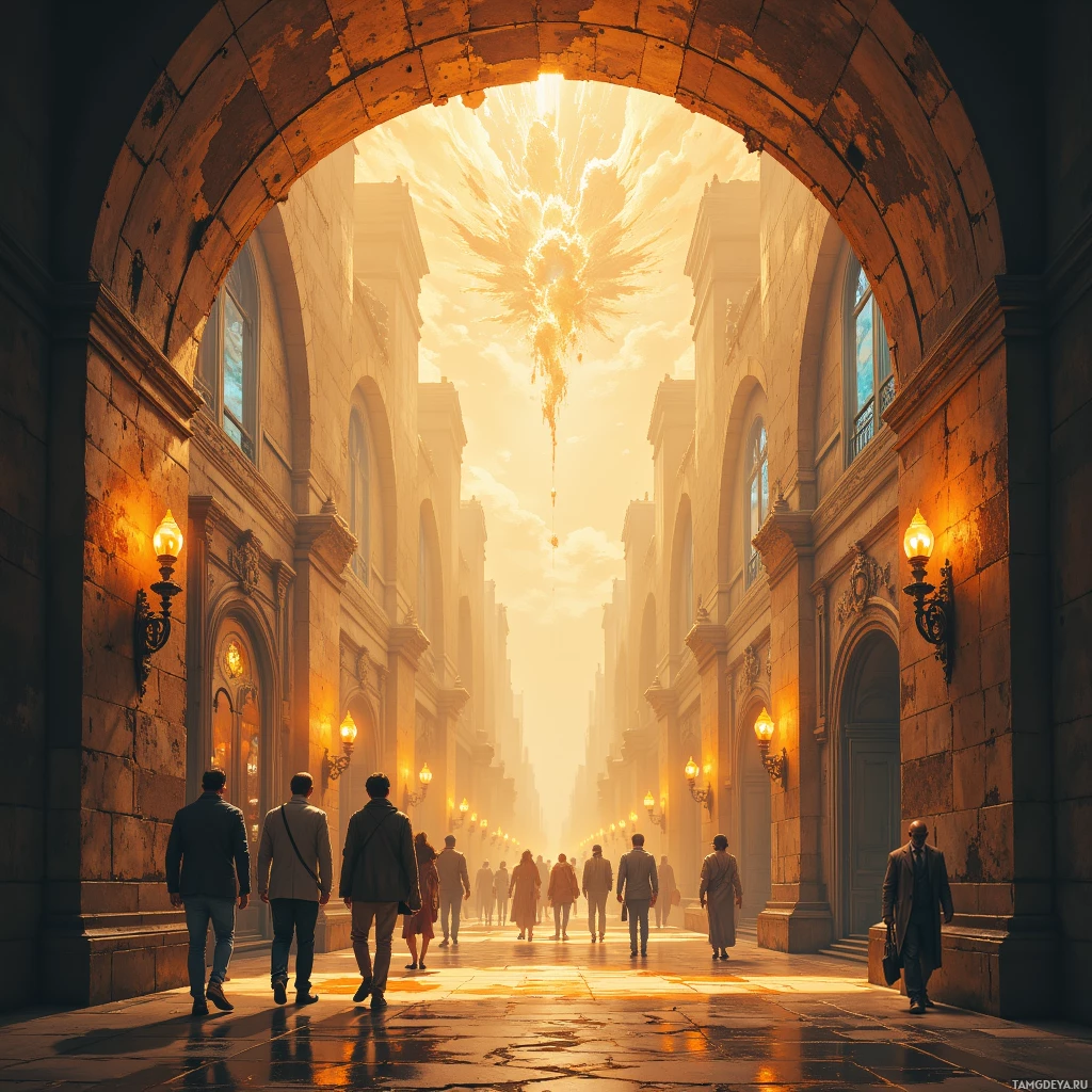 A grand archway frames a bright, ethereal figure in the sky, with people walking below in a sunlit plaza.